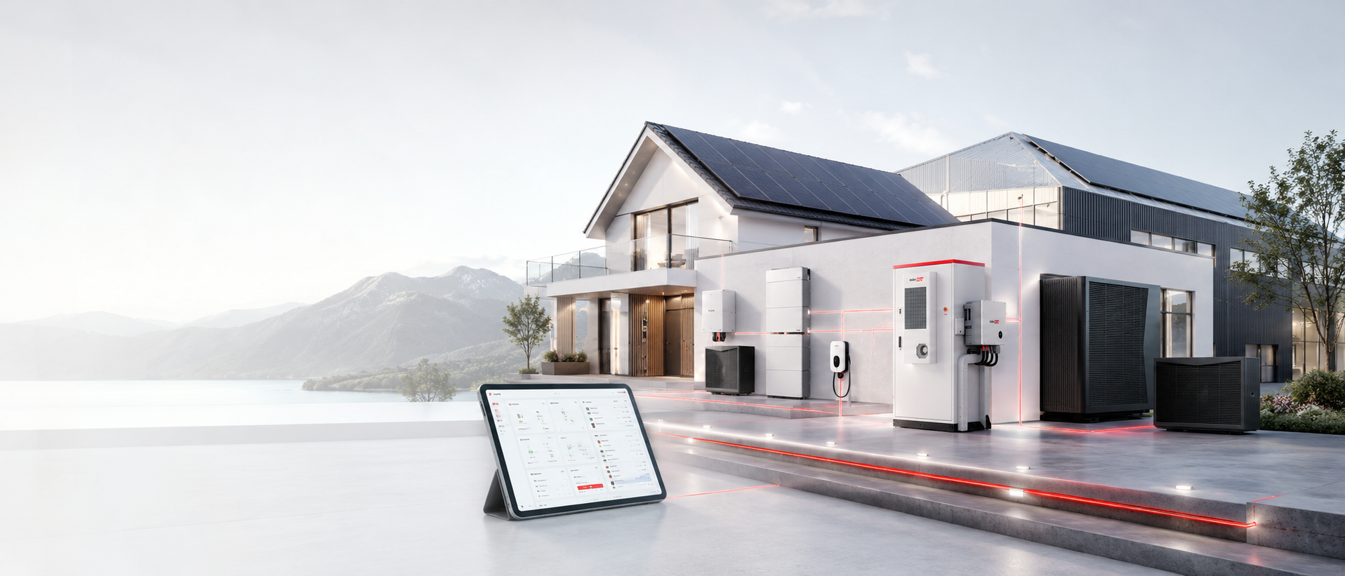 ENERQ Energiesystem mit Haus, Gewerbe, Photovoltaik, Wärmepumpe, Speicher und E-Mobilität